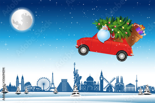 Santa Claus drive red car fly over world landmarks across snow with Christmas tree to send gifts to everyone,vector illustration