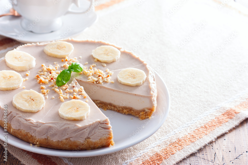 Homemade banana cheesecake without baking, horizontal, copy space Homemade banana cheesecake without baking, horizontal, copy space