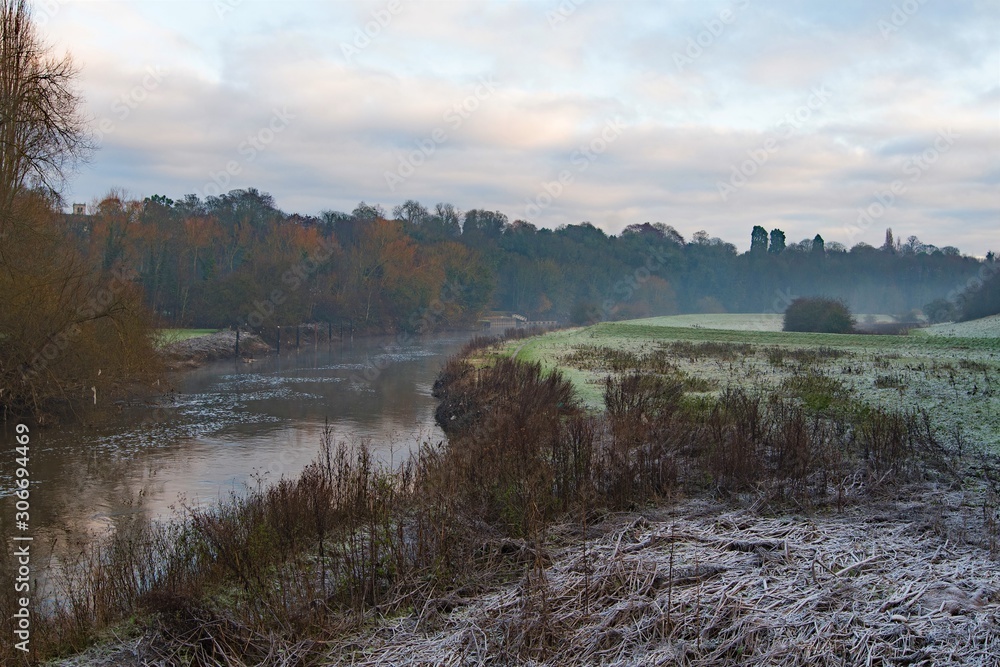 Winter frost at Sprotbrough Flash, Doncaster, South Yorkshire,  during the dawn of advent.