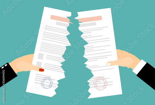 Bussines men and women Hands tearing apart a contract sheet of paper. Flat style