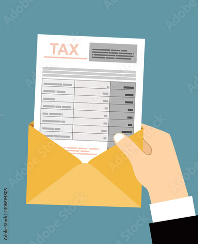 Hand hold an open envelope with tax form, Flat design.