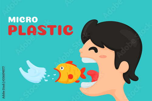 micro plastic. Vector circuits of marine plastic waste that fish eaten into the human body.