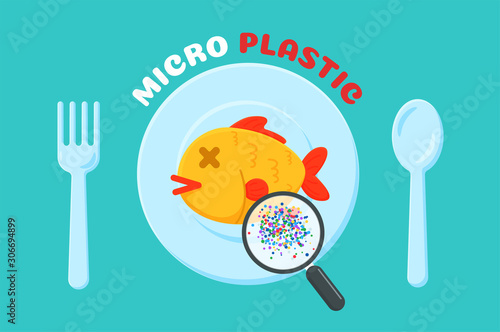 micro plastic. Vector circuits of marine plastic waste that fish eaten into the human body.