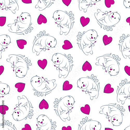  Hearts and winged cats. Valentine's day background. Pink hearts and white winged cats with arrows and bows. Design element. Vector illustration.