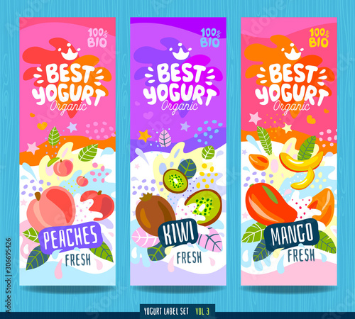 Abstract splash Food label template. Colorful brush stroke. Fruits, organic, yogurt, milk package design. Peach, kiwi, mango Drawing vector illustration