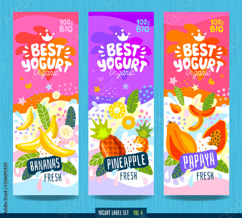Abstract splash Food label template. Colorful brush stroke. Fruits, organic, yogurt, milk package design. Banana, pineapple, papaya Drawing vector illustration