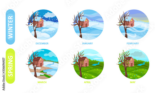 Icons Of Six Months Of The Year, Spring And Winter Seasons Vector Illustration Set Isolated On White Background