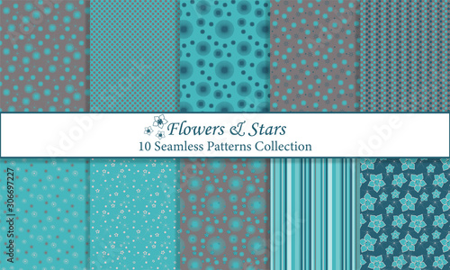 Flowers & Stars Set of 10 Simple Seamless Patterns in Blue & Earty Brown Color; For Backgrounds, Wallpapers, Fabrics etc.
