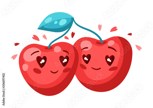 Cute couple of cherries in love. Valentine Day greeting card.