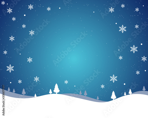 Winter landscape card with shiny snowflakes, vector art illustration.