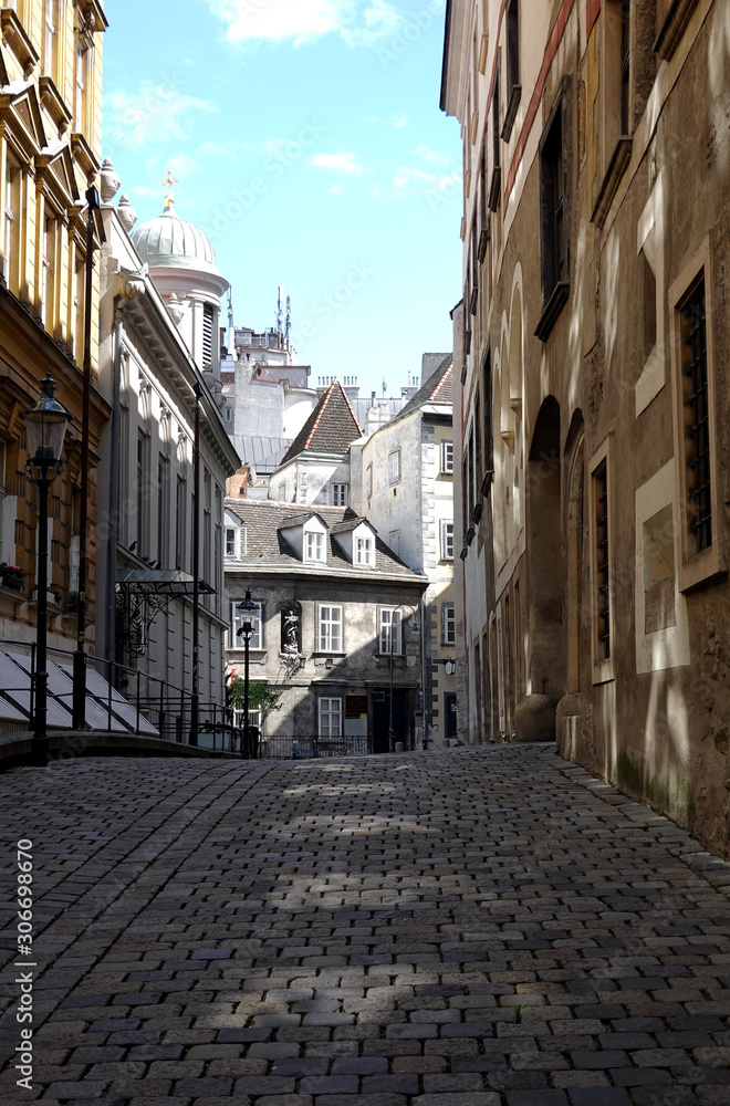 Obraz premium Quiet stone paving city street with old vintage houses in the center of Vienna on bright sunny day view vertical view