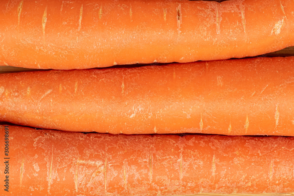 Group of three whole fresh orange carrot closeup isolated on light wood Group of three whole fresh orange carrot closeup isolated on light wood