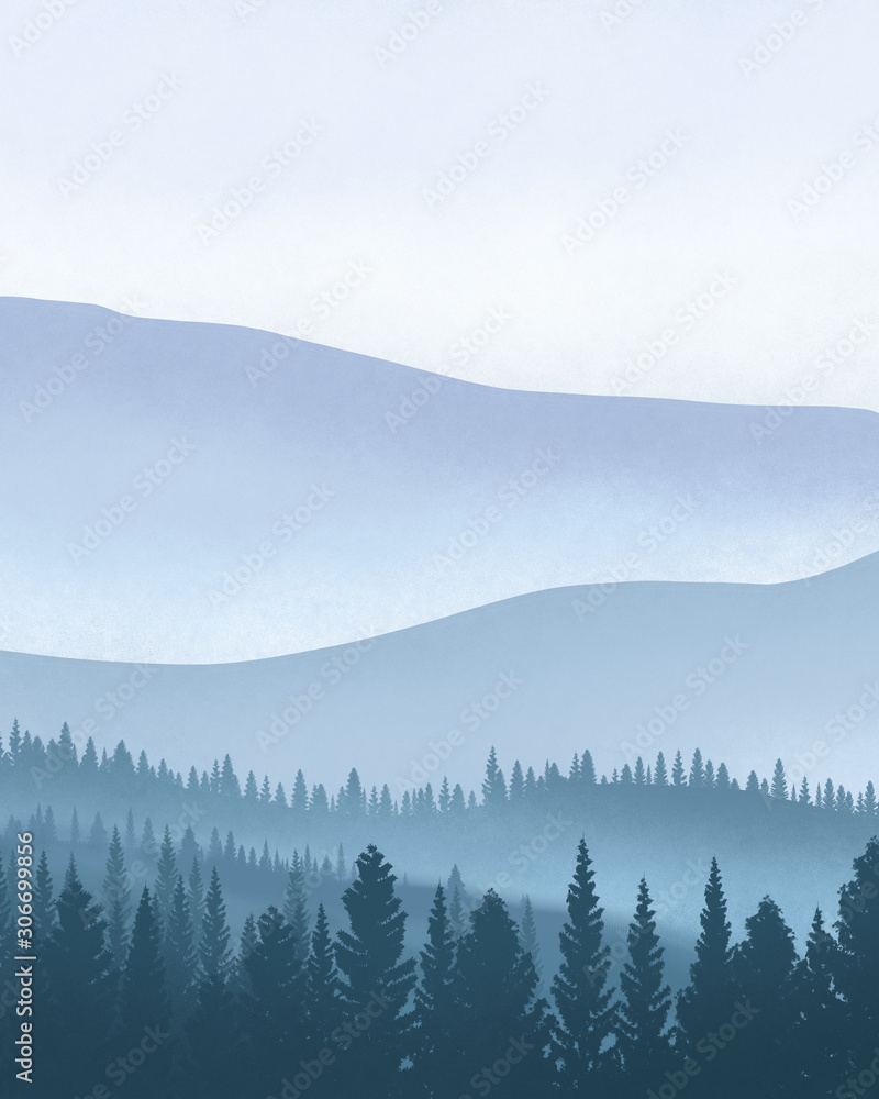 watercolor indigo foggy mountains misty forest moody blue aesthetic