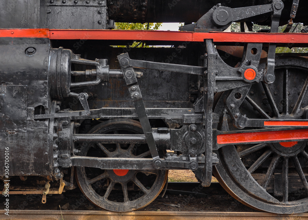 Railroad history: old steam locomotive in Alcazar de San Juan, Ciudad Real, Spain.