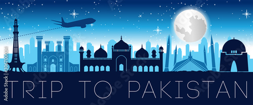 Pakistan famous landmark night time silhouette design,vector illustration