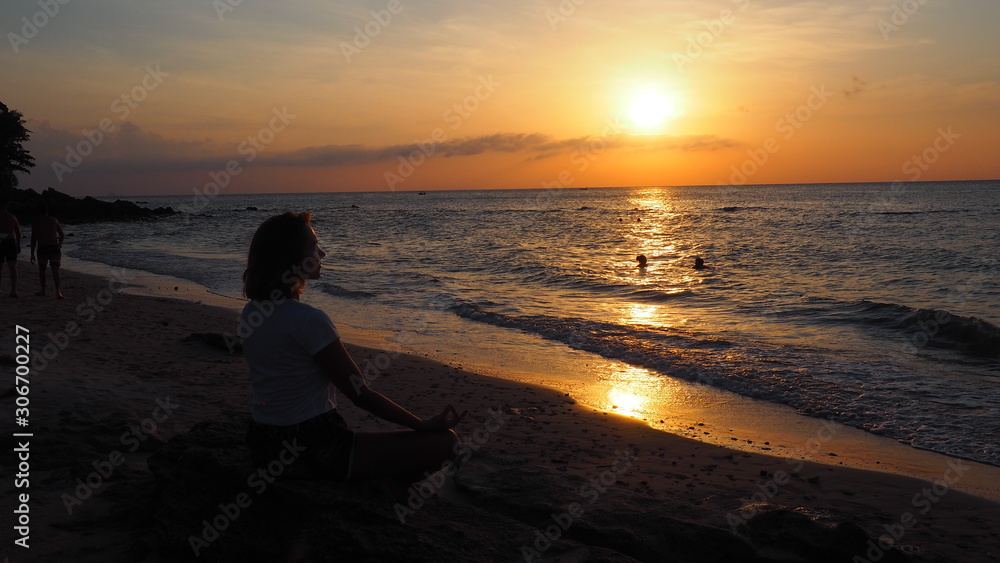 girl meditating practising yoga at the beach kimono thailand sunset girl meditating practising yoga at the beach kimono thailand sunset