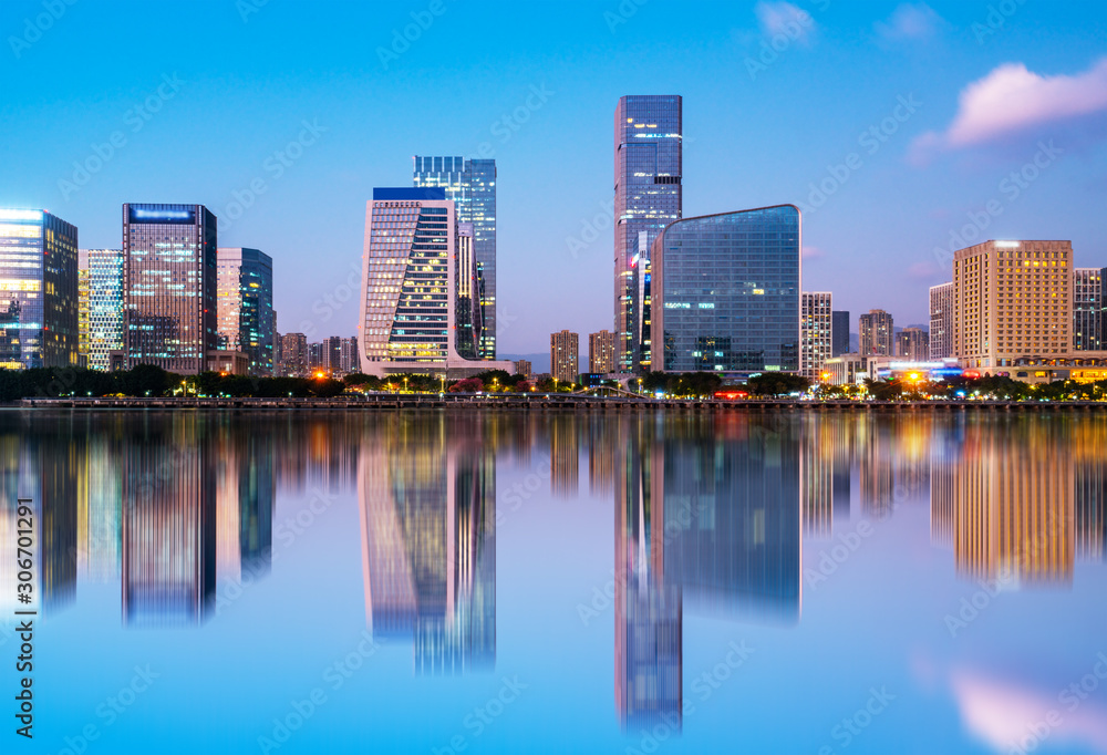 Night view of modern office building in Fuzhou Financial District..