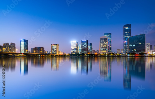 Night view of modern office building in Fuzhou Financial District..