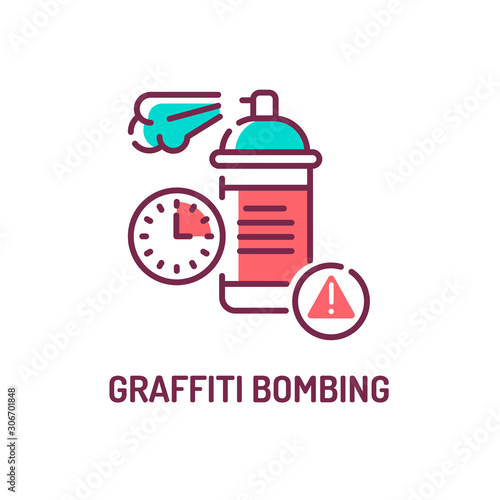 Graffiti bombing color line icon on white background. Extreme sport. Drawings on the walls. Painting prohibited objects. Pictogram for web page, mobile app. UI UX GUI design element.