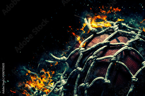 Basketball ball on black background with fire