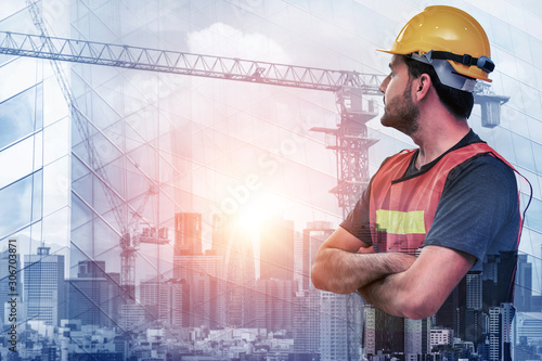 Future building construction engineering project concept with double exposure graphic design. Building engineer, architect people or construction worker working with modern civil equipment technology.