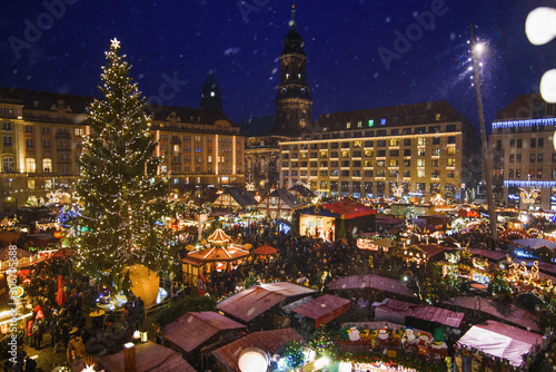 Panorama of dresdener christmas market in the snow photo