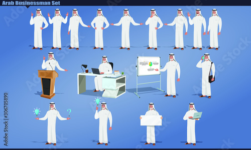 Set of Arab old Businessman with poses Cartoon Design Vector illustration.  Different poses, views, gestures, emotions.  photo