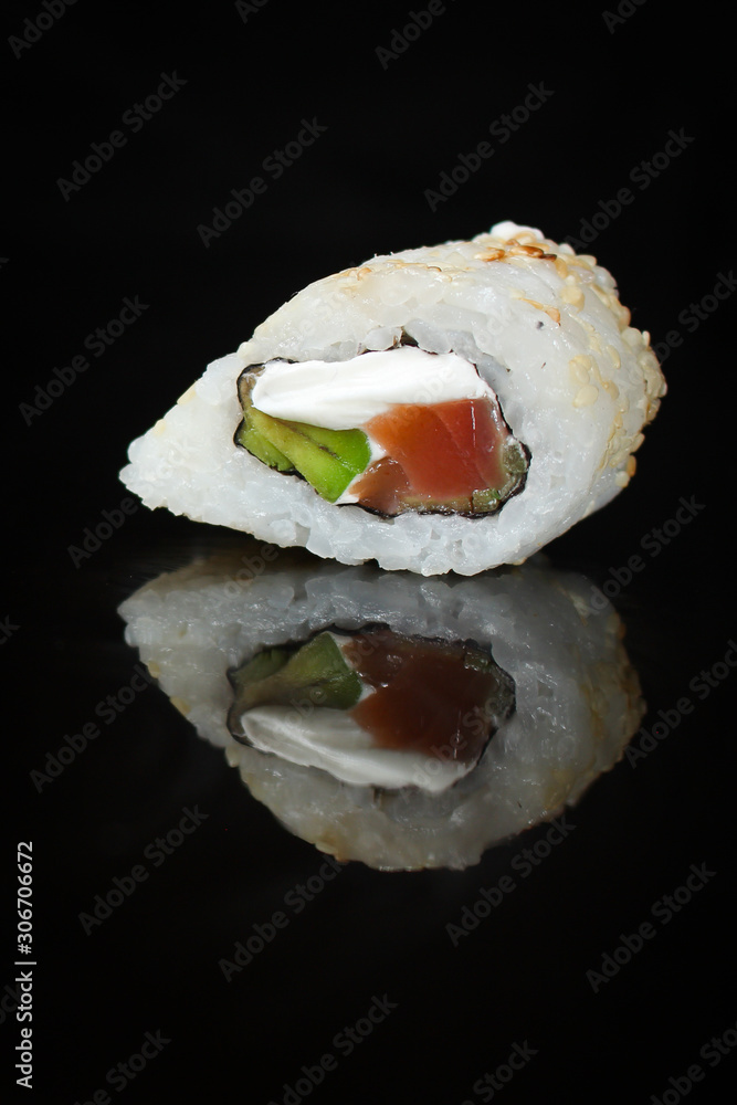 sushi rolls, traditional Japanese food (rice, nori and seafood) menu concept. food background. copy space. Top view sushi rolls, traditional Japanese food (rice, nori and seafood) menu concept. food background. copy space. Top view