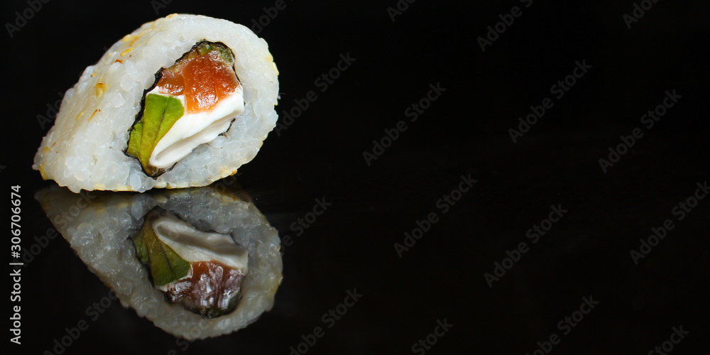 sushi rolls, traditional Japanese food (rice, nori and seafood) menu concept. food background. copy space. Top view sushi rolls, traditional Japanese food (rice, nori and seafood) menu concept. food background. copy space. Top view