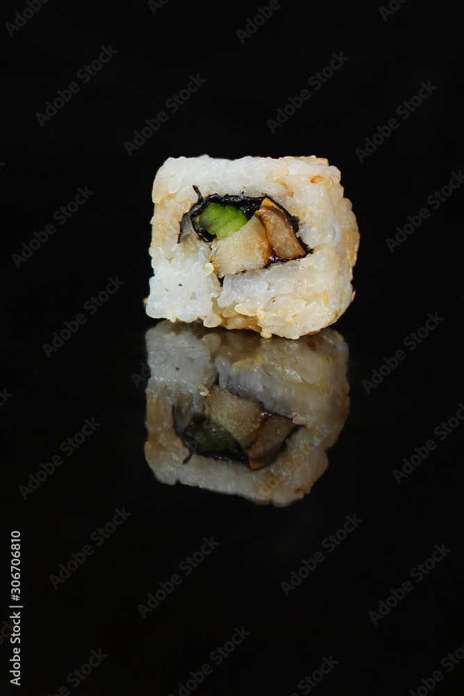 sushi rolls, traditional Japanese food (rice, nori and seafood) menu concept. food background. copy space. Top view sushi rolls, traditional Japanese food (rice, nori and seafood) menu concept. food background. copy space. Top view