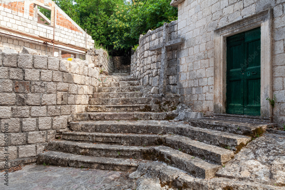 old stone staircase and walls, Perast, Montenegro