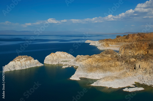 rocky shores of the mountain lake Khyargas nuur (Mongolia)	