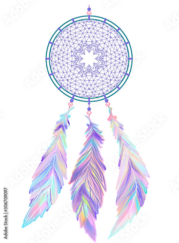 Dreamcatcher with feathers . Native American Indian talisman. Vector print isolated on white background. traditional art design.