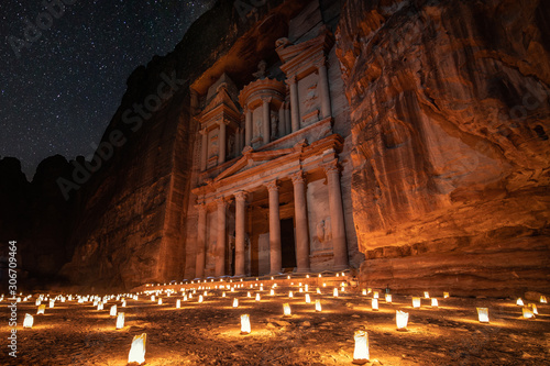 The treasury in Petra, Jordan with beautiful candles and stars.