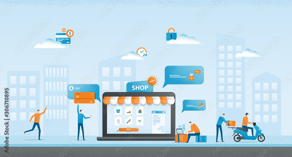 flat  illustration design business online shopping  and  business e-commerce  concept