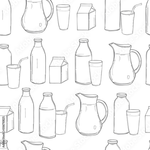 Milk set. Hand drawn glass bottles with milk. Vector seamless pattern.