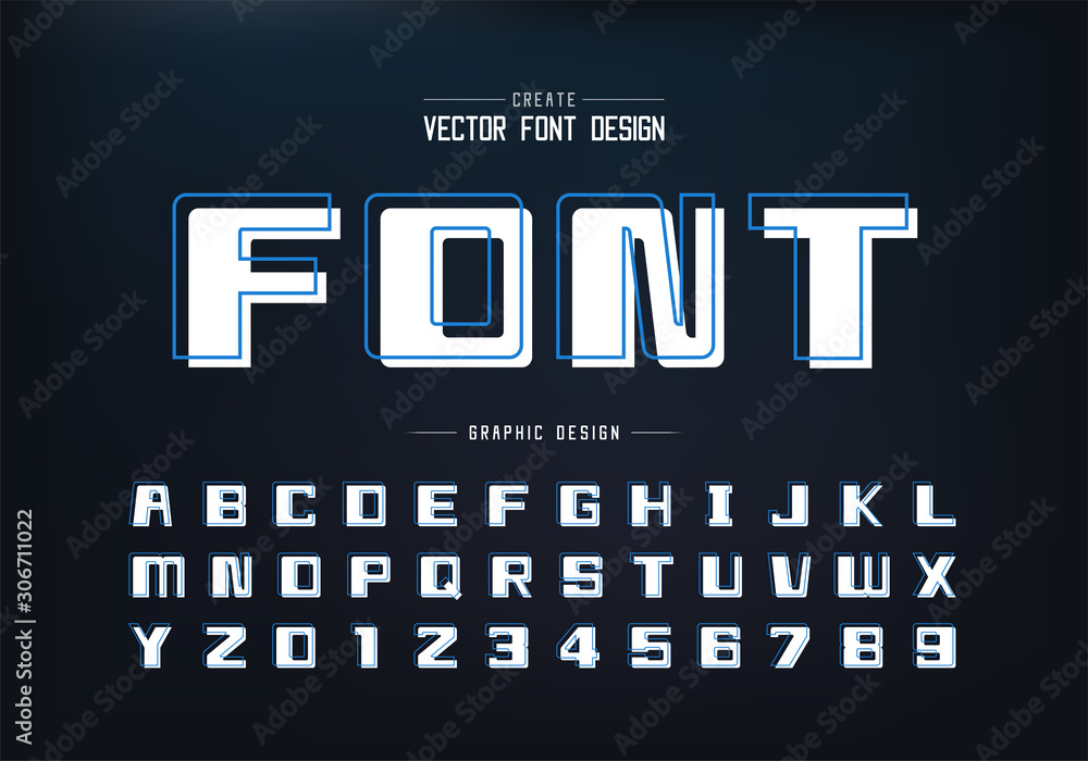 Line font with white shadow and bold alphabet vector, Square typeface letter and number design, Graphic text on background Line font with white shadow and bold alphabet vector, Square typeface letter and number design, Graphic text on background