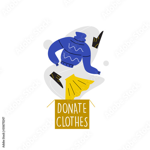 Vector illustration of donation box and knitwear, shoes and skirt, jumping in it. Clothes donation concept.