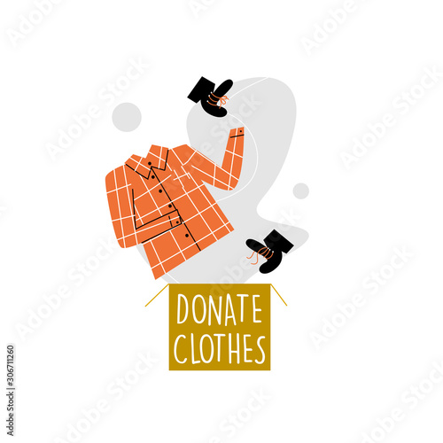 Vector illustration of donation box and shirt with shoes, jumping in it. Clothes donation concept.