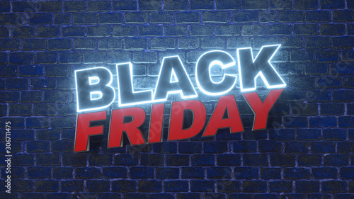 Neon lamp illuminated sign of Black Friday logo for decoration and covering on the wall background. Concept of sale and discount. 3D Rendering. photo
