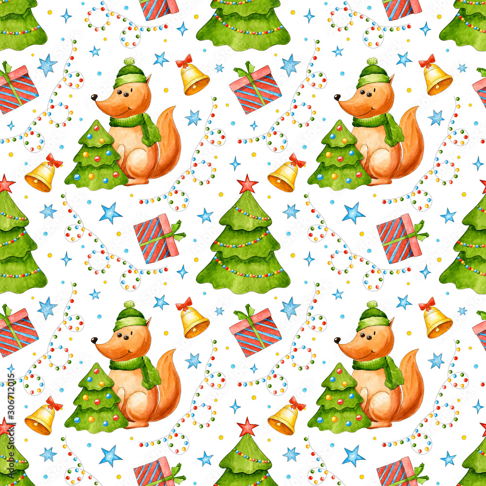 New year's seamless pattern with fox, Christmas tree, stars, gift, bell, garland. Christmas and new year. Watercolor cartoon elements. Hand drawn background. Christmas gift. Greeting card New year's seamless pattern with fox, Christmas tree, stars, gift, bell, garland. Christmas and new year. Watercolor cartoon elements. Hand drawn background. Christmas gift. Greeting card