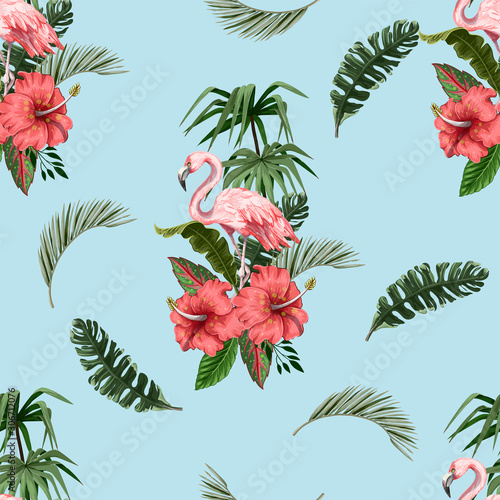 Seamless pattern with flamingo and tropical leaves. Vector.