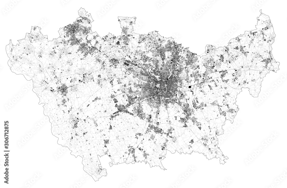 Satellite map of province of Milan, towns and roads, buildings and connecting roads of surrounding areas. Lombardy, Italy. Map roads, ring roads