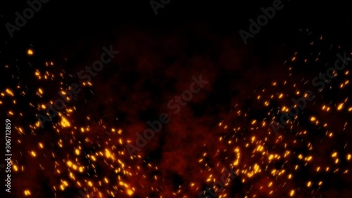 Burning red hot flying sparks fire in the night sky. Beautiful abstract background flying wing shape on black background.