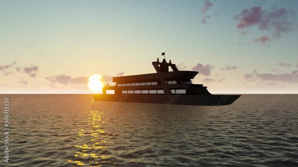 Yacht at Sunset in Open Sea, 3D Rendering Yacht at Sunset in Open Sea, 3D Rendering
