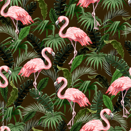 Seamless pattern with flamingo and tropical leaves. Vector.