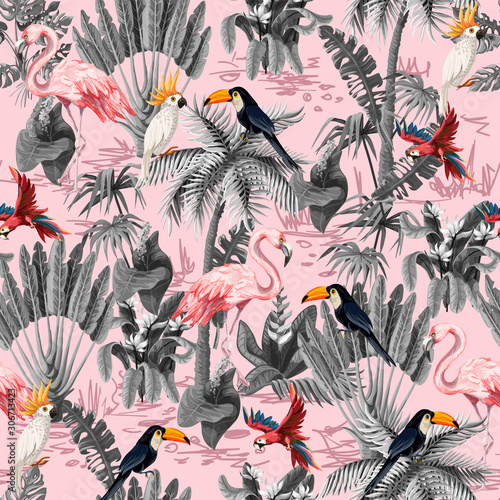 Seamless pattern with jungle animals, flowers and trees. Vector.