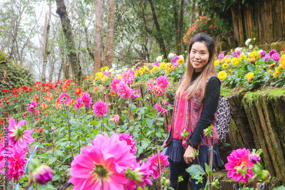 Asian woman travel in winter flower park, Chaing rai, Thailand. Asian woman enjoying with her holiday in flower garden. Asian woman travel in winter flower park, Chaing rai, Thailand. Asian woman enjoying with her holiday in flower garden.