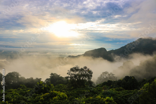 Beautiful mountain panoramic landscape and fog with sunrise in the morning