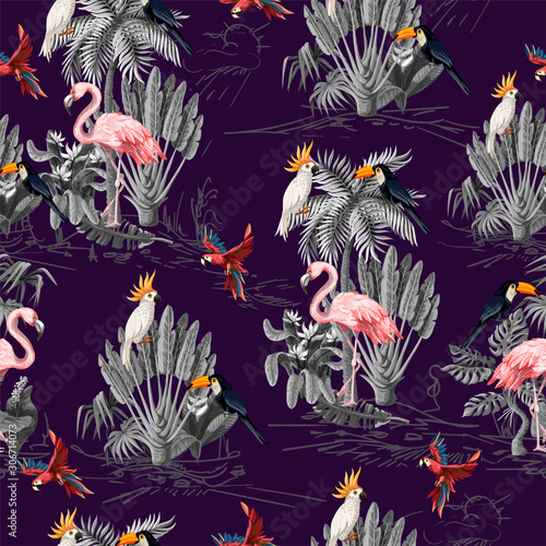 Seamless pattern with jungle animals, flowers and trees. Vector.